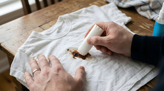 Applying Stain Remover Stick to White T-Shirt | Treating Chocolate Stain on Clothing | Fabric Stain Pretreating Process
