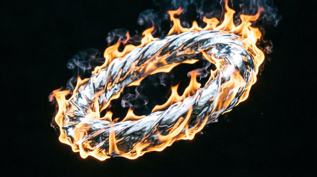 Blazing fire ring burns brightly in darkness forming a glowing circular flame loop.