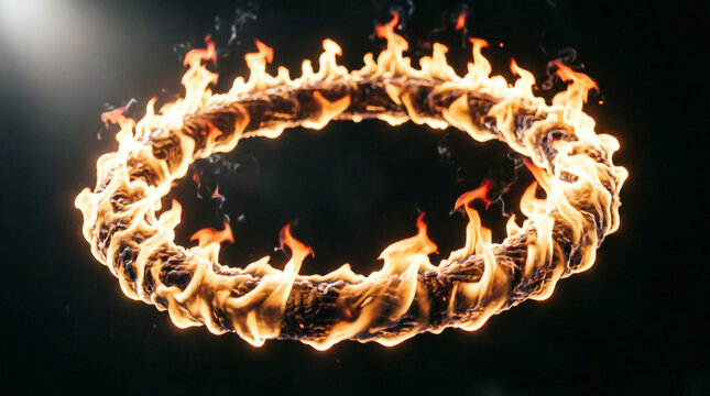 Blazing fire ring burns brightly in darkness forming a glowing circular flame loop.