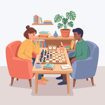 Illustration of a young couple playing a strategic game of chess in a cozy and modern home living room setting