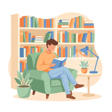Relaxed Young Man Enjoying Quiet Reading Time in a Cozy Home Library Setting, Surrounded by Bookshelves and Green Plants