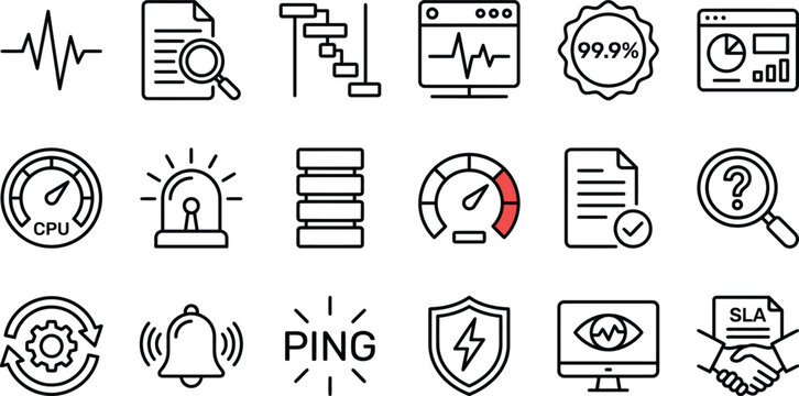 Server monitoring and system administration line icon set featuring network uptime, CPU performance dashboard, database storage, ping test, and service level agreement handshake symbols