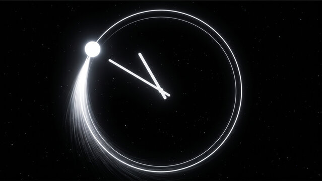 漆黒の宇宙で白い円形軌道を周回し10時50分を示す光子球体と時計の針のCG
