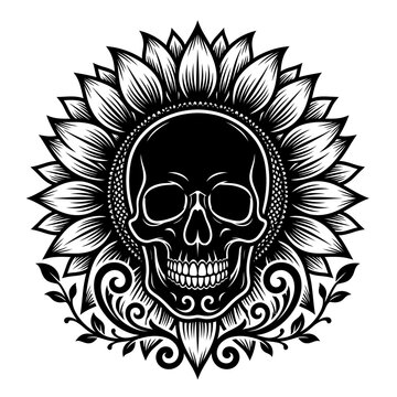 Detailed Black and White Skull Centered Within a Decorative Sunflower Blossom Motif for Artistic Tattoo and Graphic Design Projects