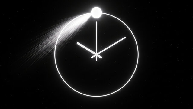漆黒の宇宙で白い円形軌道を周回し10時を示す光子球体と時計の針のCG