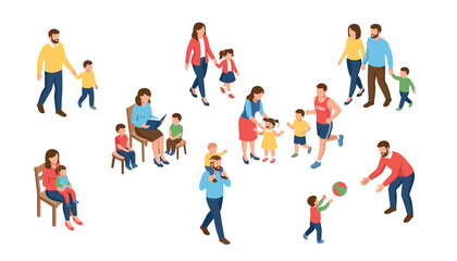 Fototapeta premium Isometric family activities vector set with parents walking playing reading and spending time with children on white background