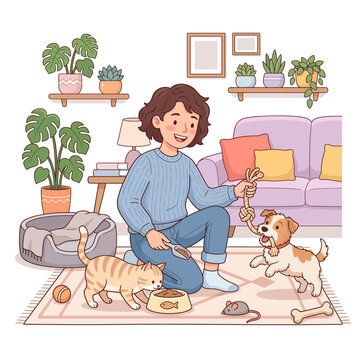 Young Woman Spending Quality Time Playing and Feeding Her Pet Dog and Cat in a Cozy Living Room Interior