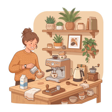 Cozy home coffee station illustration featuring a young woman brewing espresso in a warm kitchen filled with houseplants and aromatic coffee