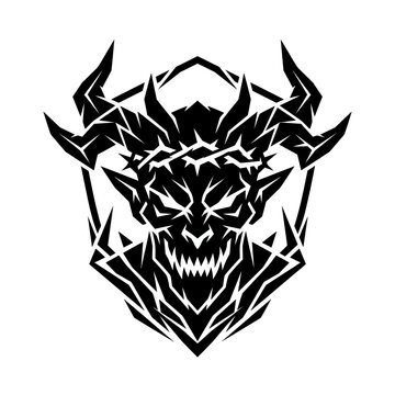 Stylized black devil head with horns and crown of thorns, angry demon face mascot vector illustration