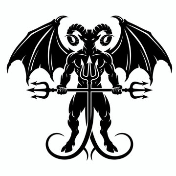 Striking Silhouette of a Powerful Mythical Demonic Figure with Ram Horns, Bat Wings, and a Trident, Representing Mysticism and Darkness in a Dynamic Graphic Design