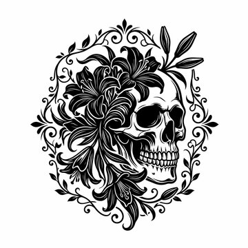 Ornate Black and White Illustration of a Human Skull Adorned with Elegant Lily Flowers and Decorative Floral Filigree Border Design