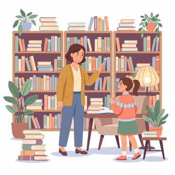 Librarian helping a schoolgirl choose a book in the library with bookshelves background vector illustration