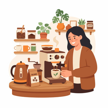 Vector illustration of a woman making fresh coffee with an espresso machine in a cozy kitchen