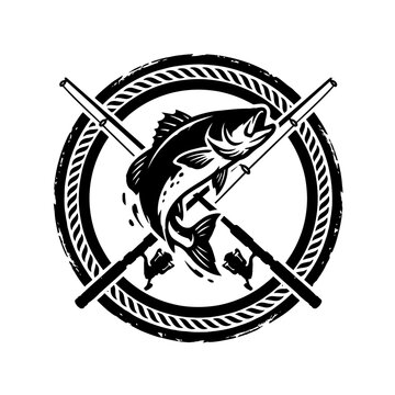 Vintage black and white fishing emblem with bass fish and crossed rods
