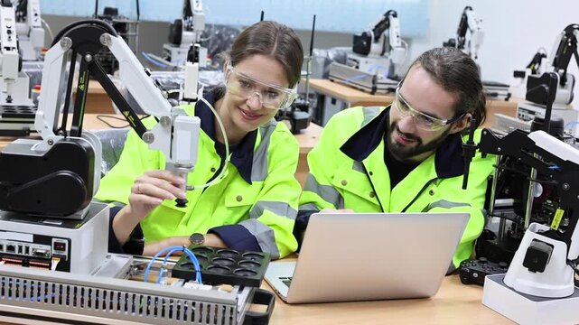 male and female engineer is working at a factory and checking robotics arm with cpmputer and tablet.Manager engineer check and control automation robot arms machine in modern manufacture.