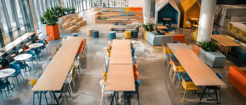 Youth community cafeteria interior with bright furniture geometric seating flexible communal tables and colorful clean design