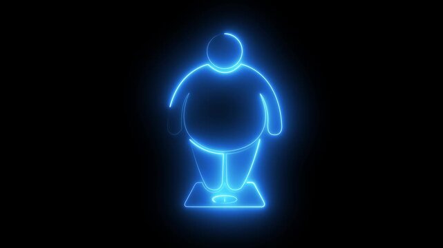 Neon overweight man standing on weight scale icon isolated on black background 4k