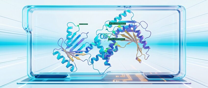 Molecular biology diagnostics, transparent glass biochip slide displaying colorful helical protein model. Advanced biotechnology cleanroom terminal analyzes human genetic DNA sequences.