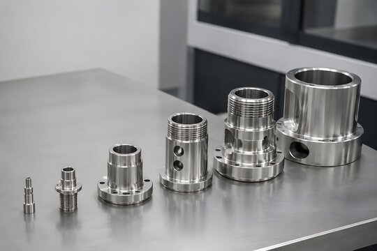 Finished machined stainless steel components arranged from smallest to largest on a clean inspection table