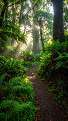Naklejka premium Sunlit redwood forest trail surrounded by lush fern and moss