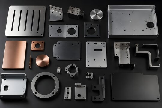 Finished assortment of polished brushed and matte metal components neatly displayed after surface finishing