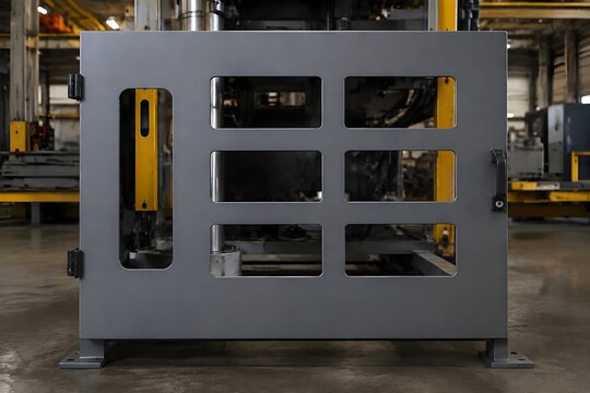 Completed steel machine guard panel with clean rectangular openings and finished edges in an industrial shop
