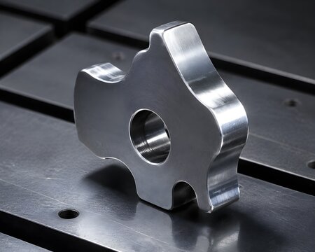 Finished steel cam component with complex profile and smooth ground edges on an industrial machine table