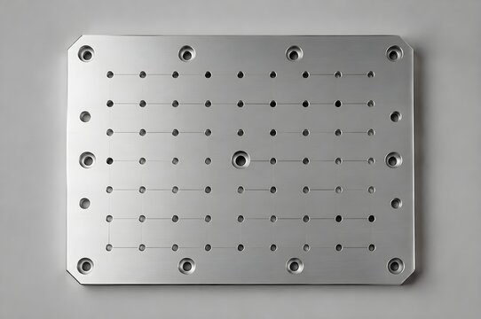 Completed machined aluminum fixture plate with precise grid holes and clean chamfered edges