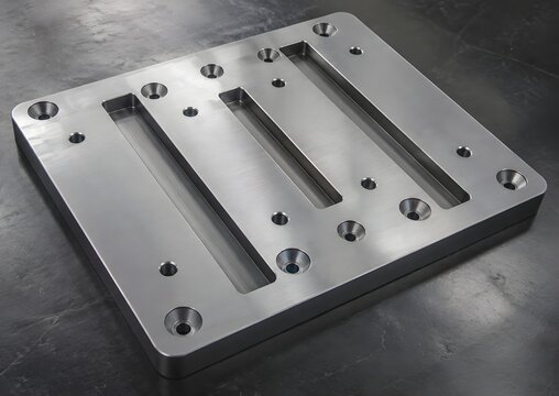 Completed milled steel plate with slots countersunk holes and deburred edges