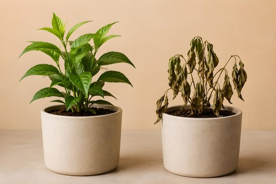 Successful drought-resistance experiment with one thriving plant and one wilted comparison in identical neutral pots