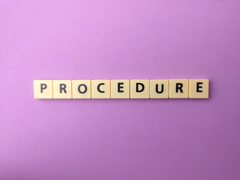 White letter tiles spell out the word PROCEDURE across the center of a solid purple background