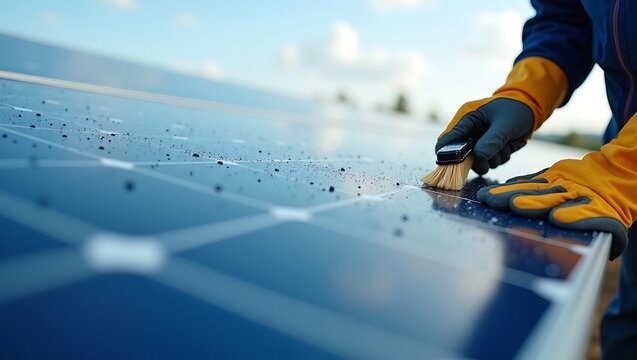 Closeup of a worker cleaning solar panels with a brush to remove dust and debris for optimal energy efficiency