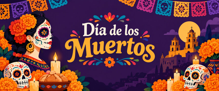 Dia de los Muertos Banner with Sugar Skulls, Marigold Flowers and Mexican Folk Decorations