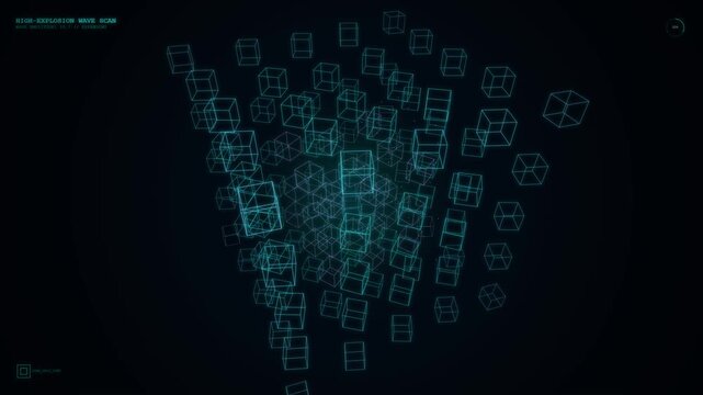 Futuristic 3D Wireframe Cube Matrix Animation with HUD Interface Elements. 4K