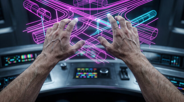 Faceless engineer hands manipulating 3D infrastructure blueprint hologram with gesture control