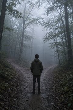 Person facing fork in foggy forest path decision concept