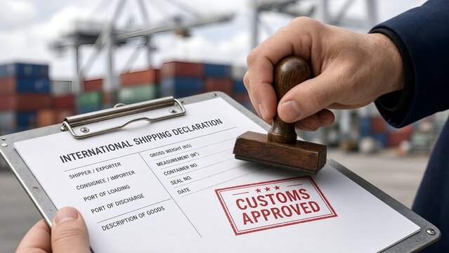 Customs Officer Stamping an International Shipping Declaration Form at Port Yard