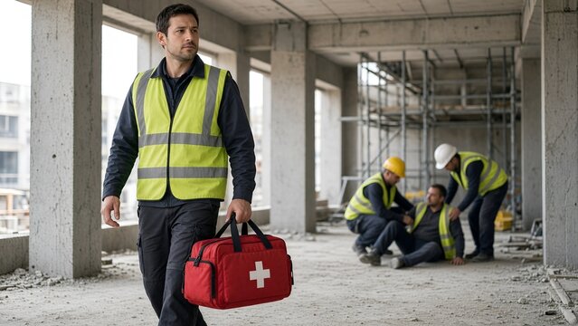 Construction Worker Carrying First Aid Kit to Injured Cowworker at Job Site