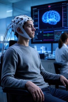 Person Using a Brain Computer Interface Headset in a Lab