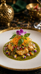 Modern Thai fusion cuisine artfully plated for luxury fine dining experience in upscale restaurant © PMBYTK