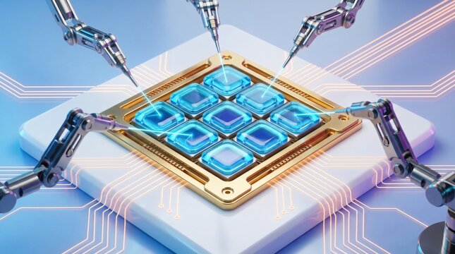 Quad robotic arm chip packaging, automated multi-arm workstation assembling square microprocessor CPU on PCB. High tech semiconductor manufacturing line fabricates computational chipsets board.