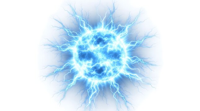 Explosive abstract blue energy orb with radiating electrical lightning strikes