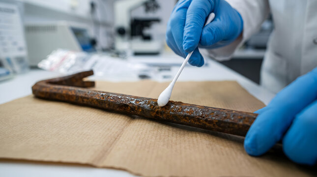 Forensic scientist collecting trace evidence from a rusted metal tool with a cotton swab.