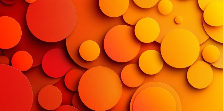 An abstract digital background featuring overlapping paper-cut circles in vibrant shades of red, orange, and yellow with soft drop shadows creating depth.