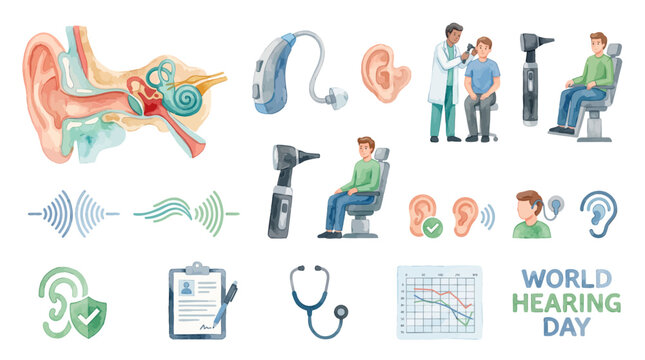 World Hearing Day set with ear anatomy, hearing aid and doctor exam