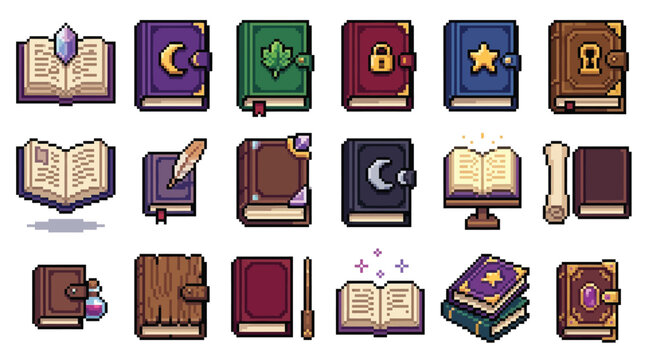 Set of pixel art magic spell books and ancient grimoires for fantasy games.