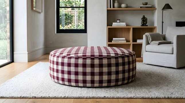 Large round upholstered ottoman with burgundy and cream plaid check pattern