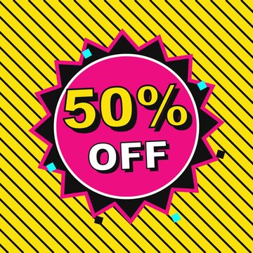 Big Sale Fifty Percent Off Memphis Style Motion Graphic Promotion. 4K