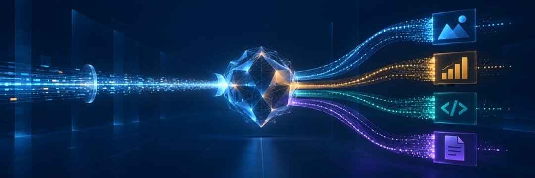 Futuristic central processing node separating a complex digital data stream into organized image financial code and document files.