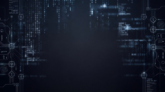 Cyber security digital HUD interface background with copy space, binary code matrix, glowing padlock icons, tech dashboard elements, and programming scripts.